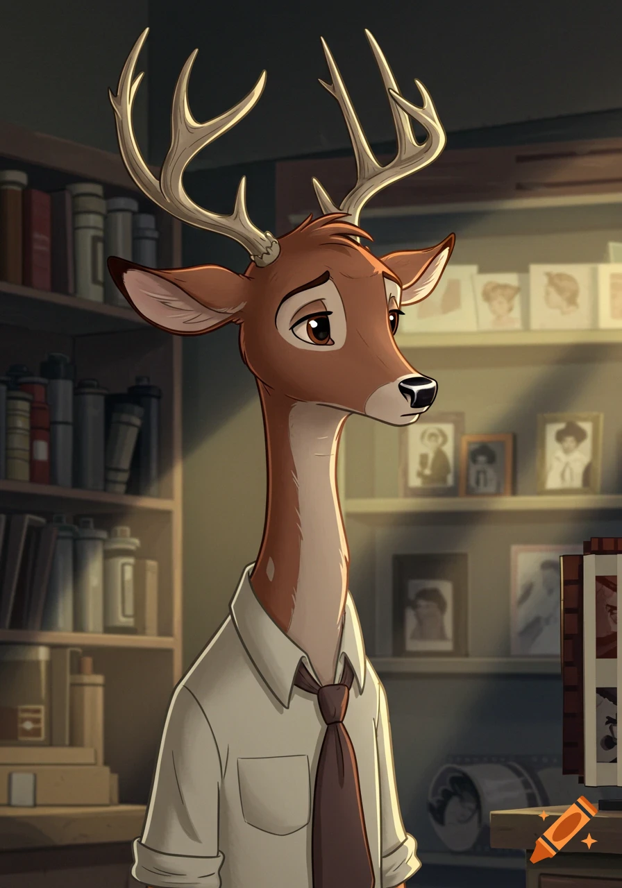 Anthropomorphic deer in a shirt and tie with a sad expression, in a Disney 2D animation style.
