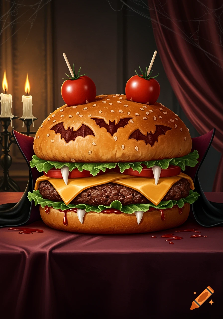 A gothic vampire cheeseburger with fangs, bat-shaped bun cutouts, tomato eyes, a black cape, and blood-like sauce, sitting on a table with candles in a dimly lit room.
