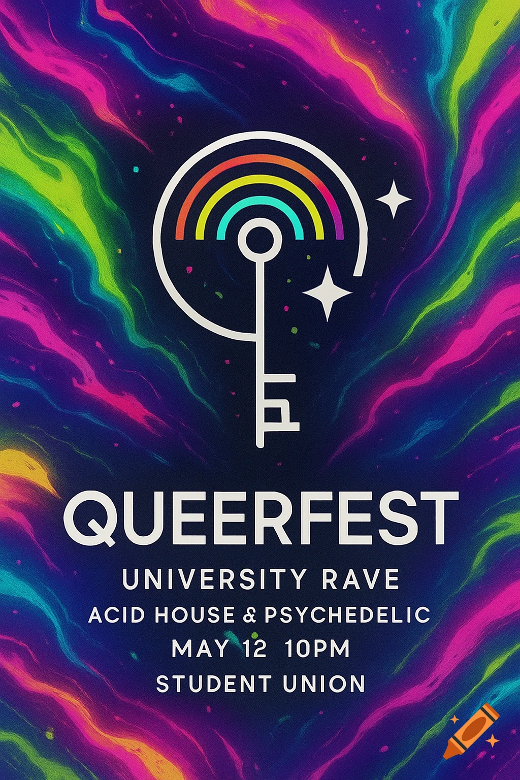 Vibrant psychedelic poster for Queerfest with a rainbow key logo and event details for a university rave.