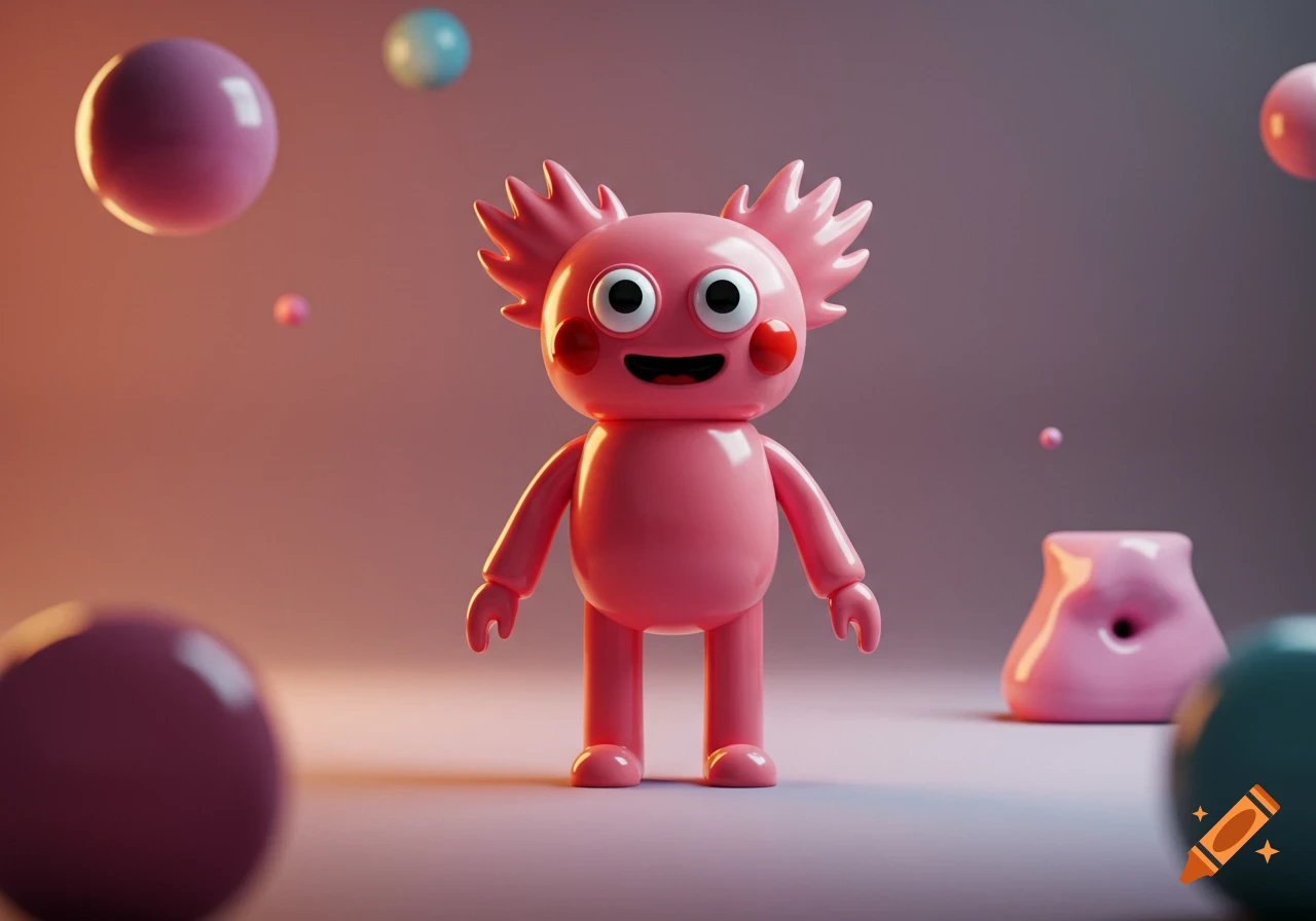 A cute, pink, toy-like 3D cartoon character with large eyes and red cheeks stands amidst floating spheres and abstract shapes.