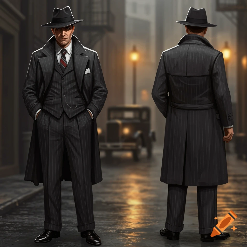 Front and back view of a sharply dressed man in a pinstripe suit and fedora on a wet, foggy street with an old car, in a noir style.