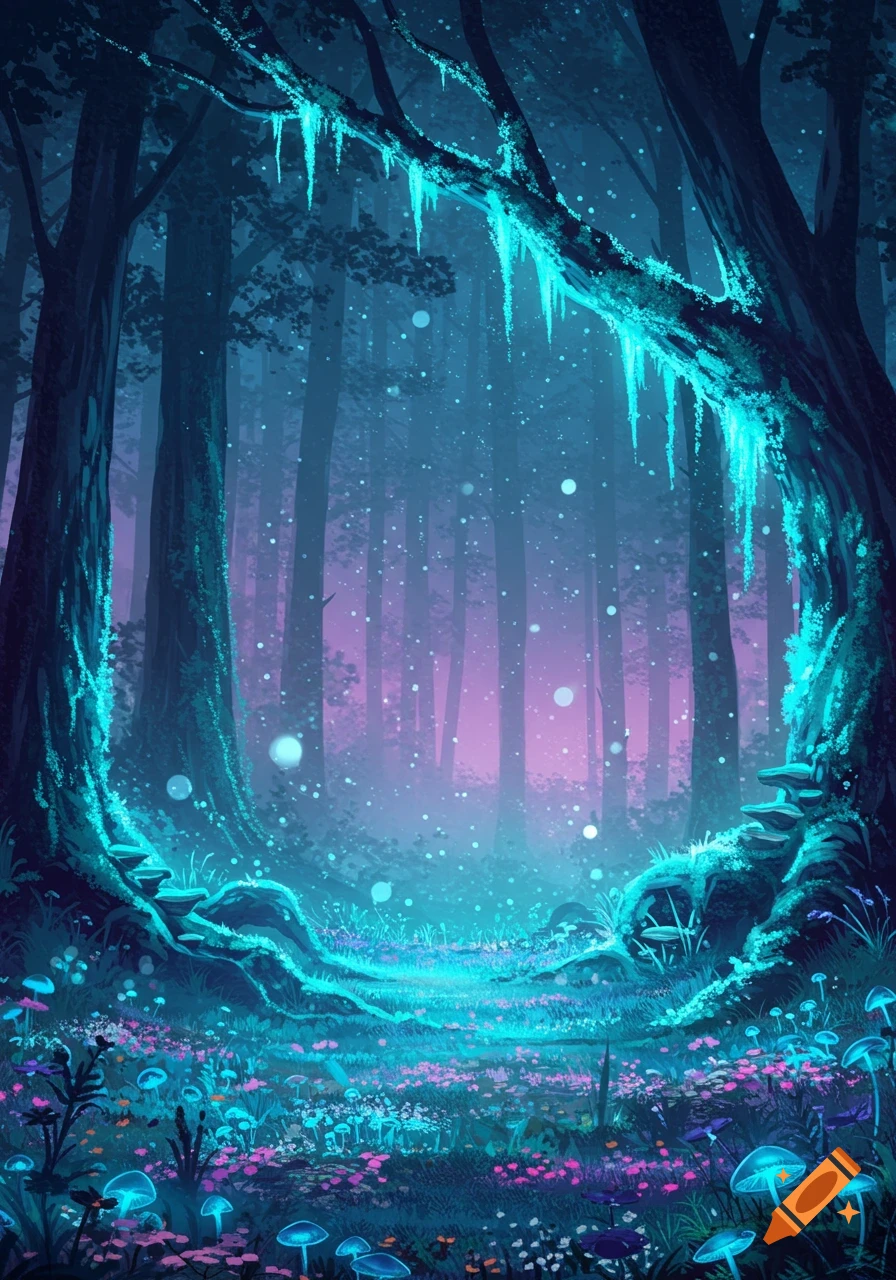 A magical, enchanted forest with glowing blue and purple mushrooms, plants, and icicles, creating a vibrant, ethereal landscape.