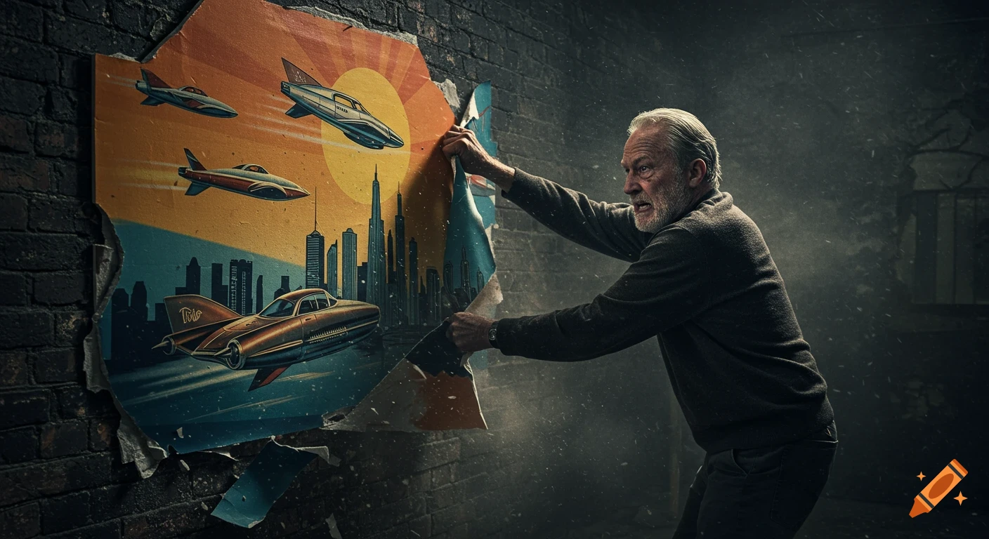 An elderly man violently tears down a retro-futuristic mural depicting flying cars over a cityscape, revealing a dark, grimy brick wall.