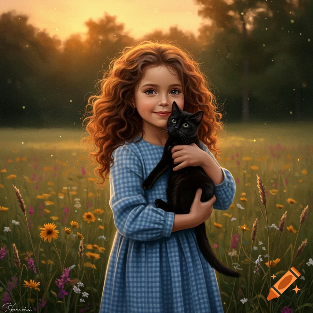 Young girl with long curly red hair holds a black cat in a golden field of wildflowers at sunset, photorealistic style.