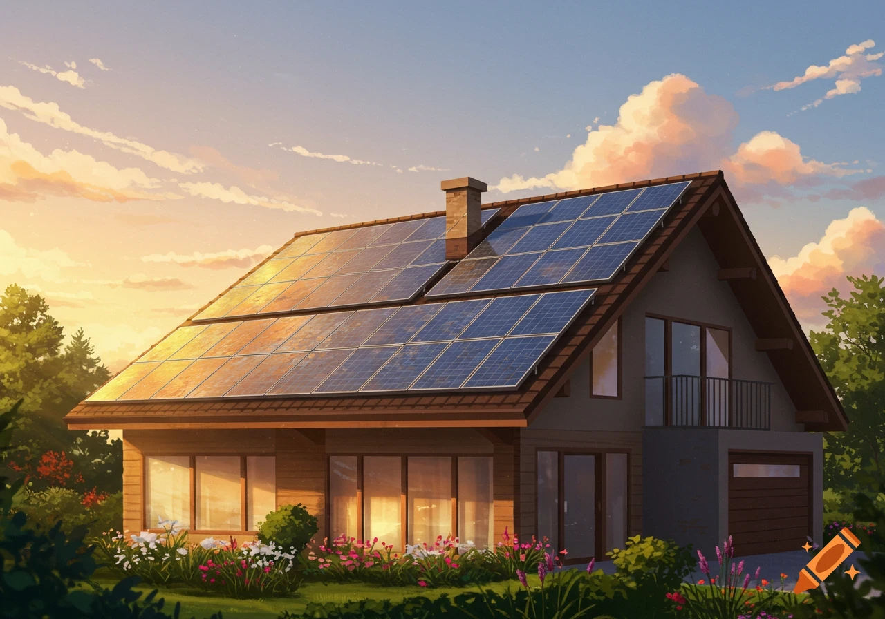A charming house with solar panels on its roof, surrounded by a lush garden with flowers, under a beautiful sunset sky.