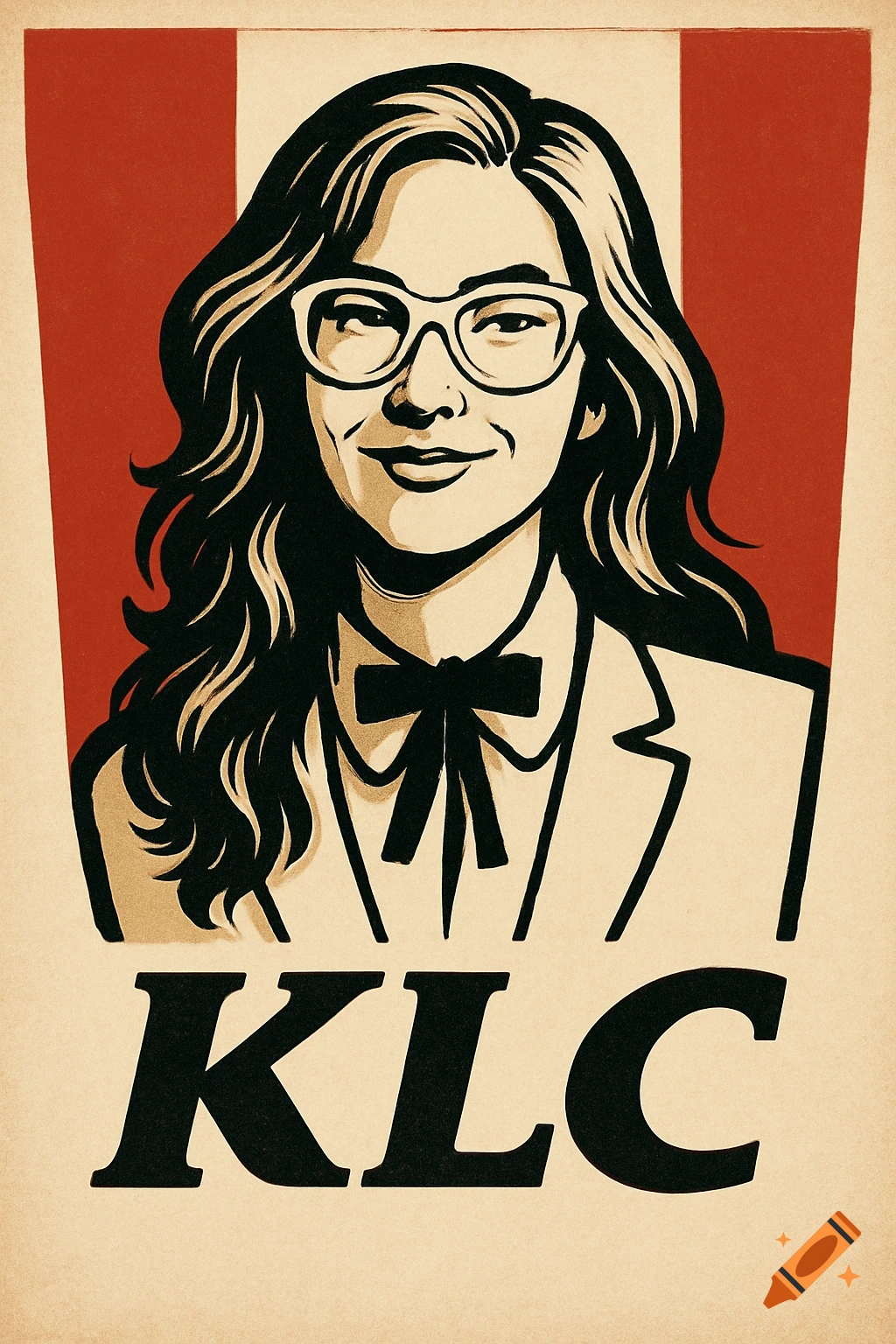 A stylized graphic poster of a smiling woman with long wavy hair and glasses, wearing a suit and bow tie, over a red and beige background. The letters KLC are below her.