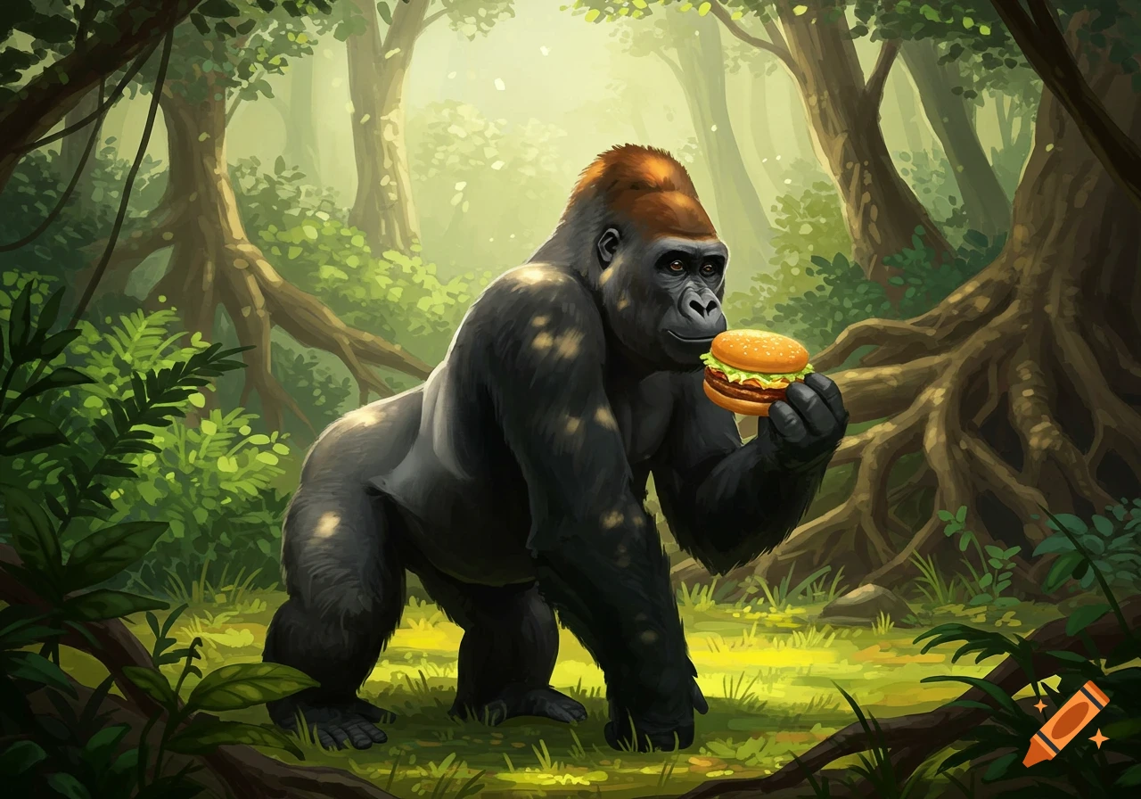 An illustrative image of a gorilla standing in a vibrant jungle, holding a hamburger.