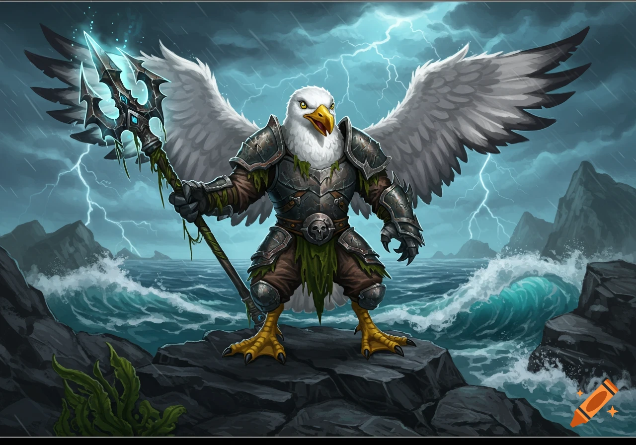 Fearsome armored seagull with a glowing trident on stormy rocks, lightning in the sky, in a fantasy cartoon style.