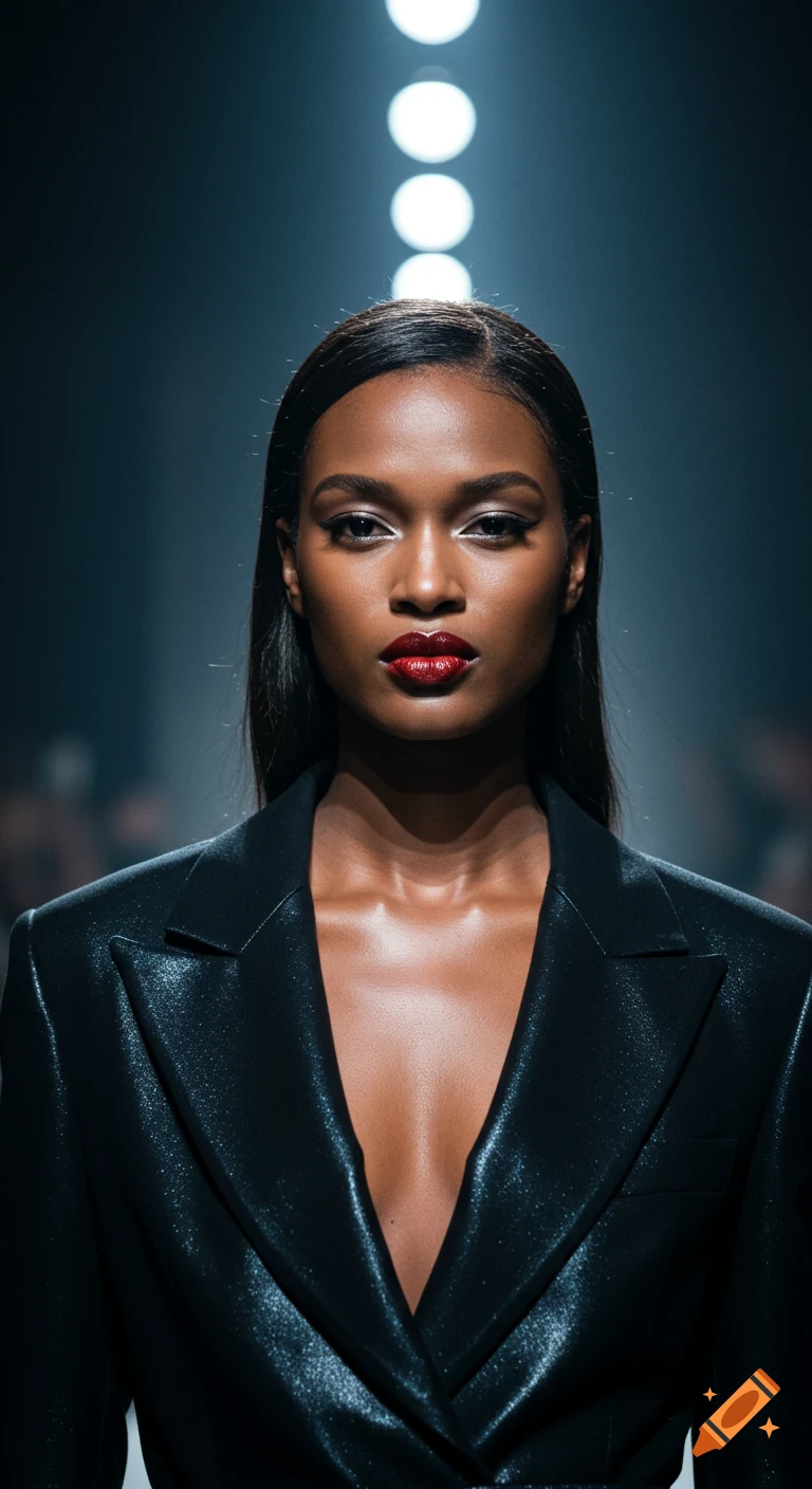 A beautiful Black model with sleek hair and red lipstick poses on a dark runway, wearing a shimmering black blazer.