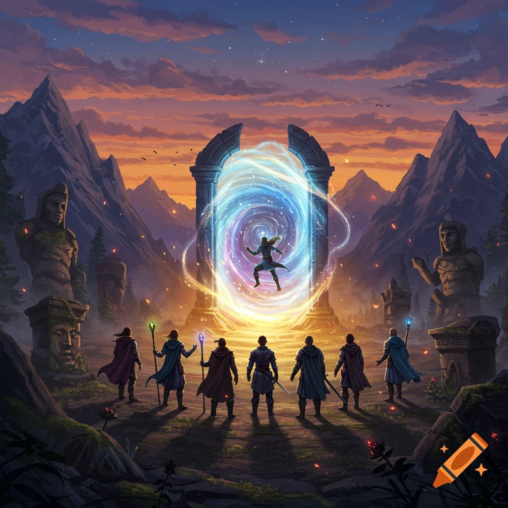 Adventurers stand before a swirling blue magical portal, framed by ancient ruins and mountains under a vibrant sunset.