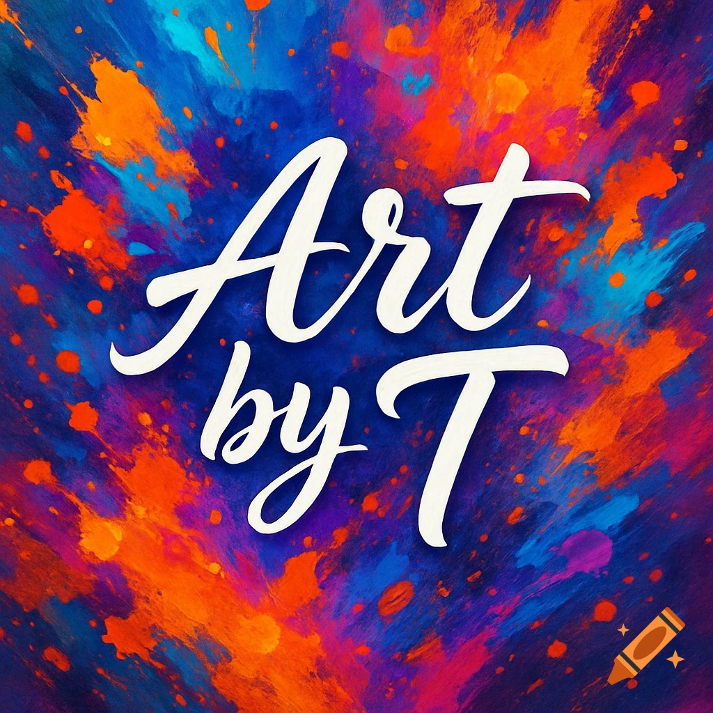 White cursive text 'Art by T' against a vibrant abstract background of blue, orange, and purple paint splatters.