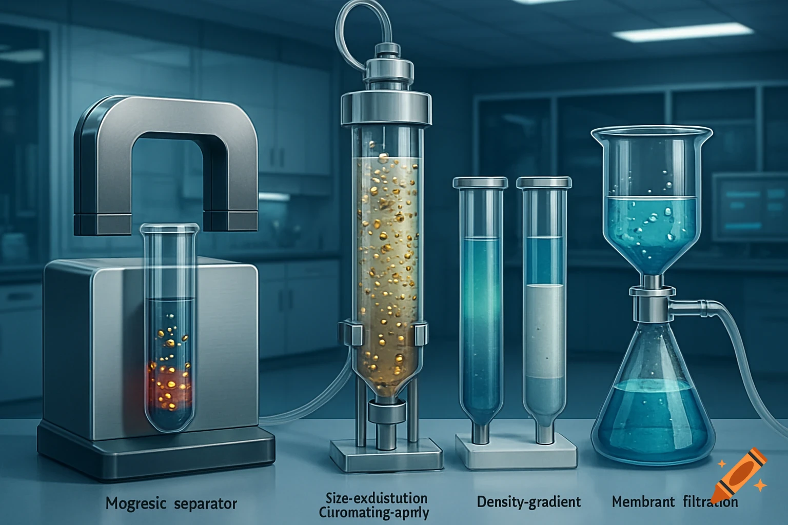 Illustration of laboratory setups for nanoparticle separation, including magnetic, size-exclusion, density gradient, and membrane filtration.