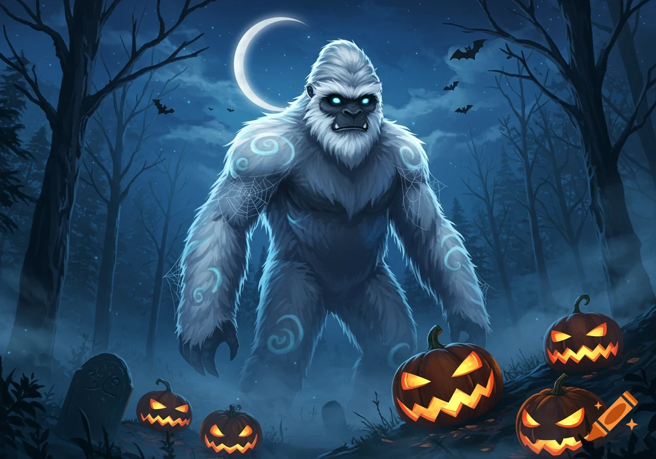 A white yeti with glowing blue eyes stands in a dark, spooky forest with jack-o'-lanterns and bats under a crescent moon.