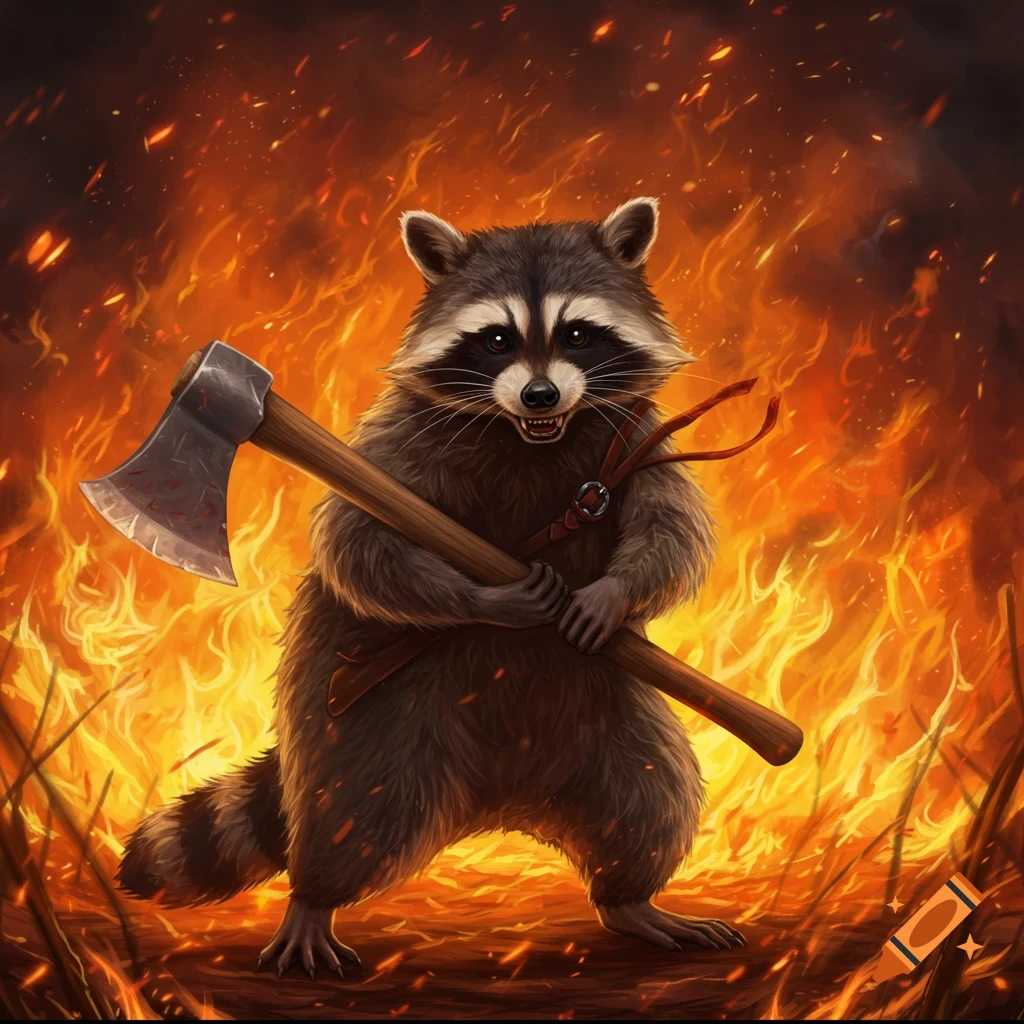 A determined raccoon holds an axe in front of a blazing fire, digital illustration.