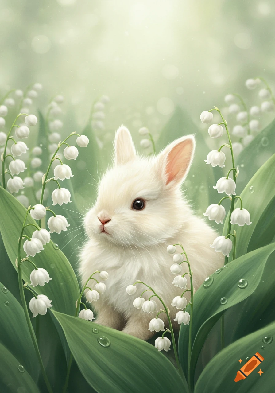 Fluffy white bunny peeks from lush green leaves and delicate white lily of the valley flowers with water droplets, photorealistic style.