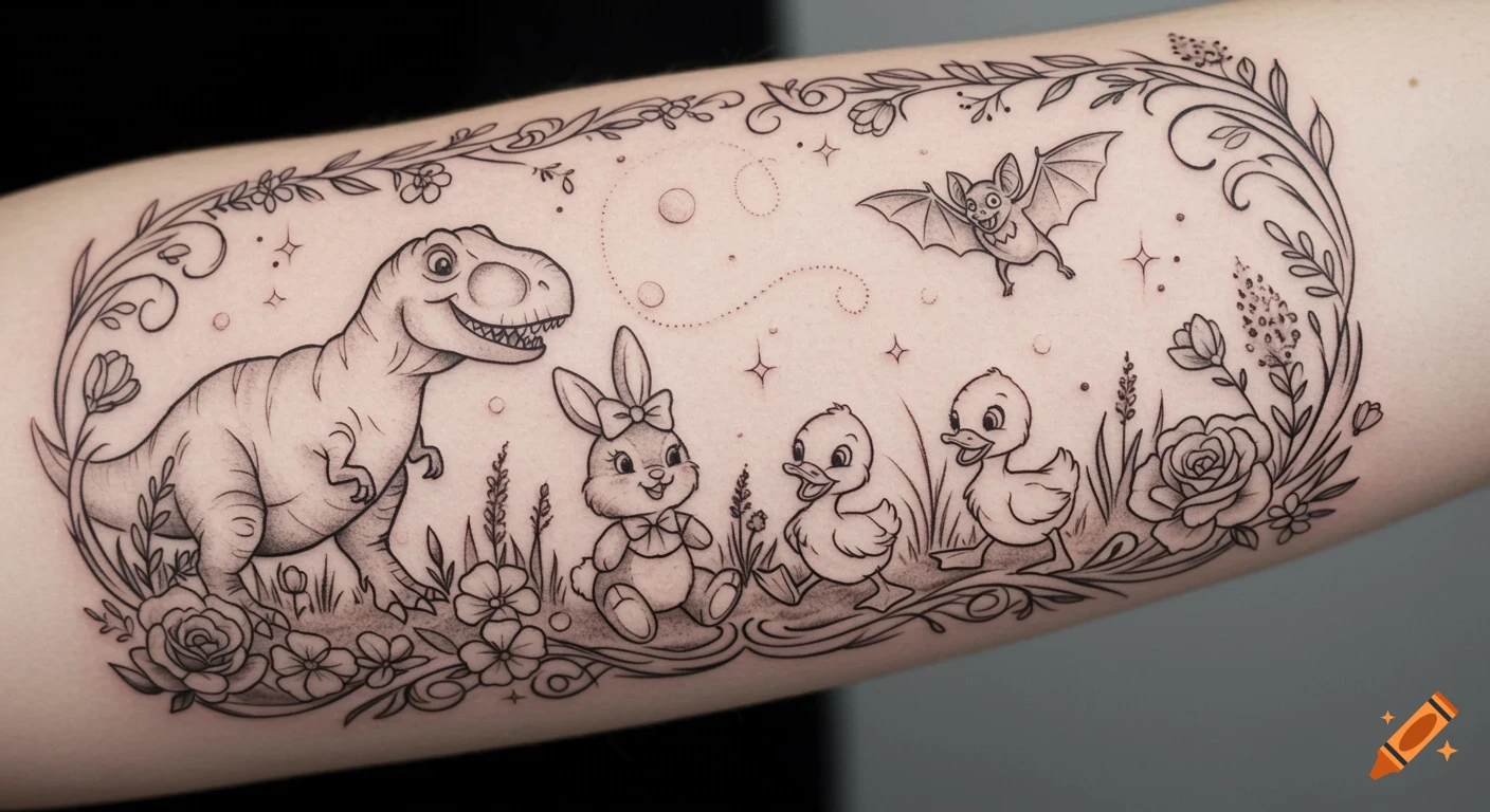 Black and grey line art tattoo on a forearm featuring cartoon T-Rex, bunny, two ducklings, and a bat surrounded by flowers and vines.