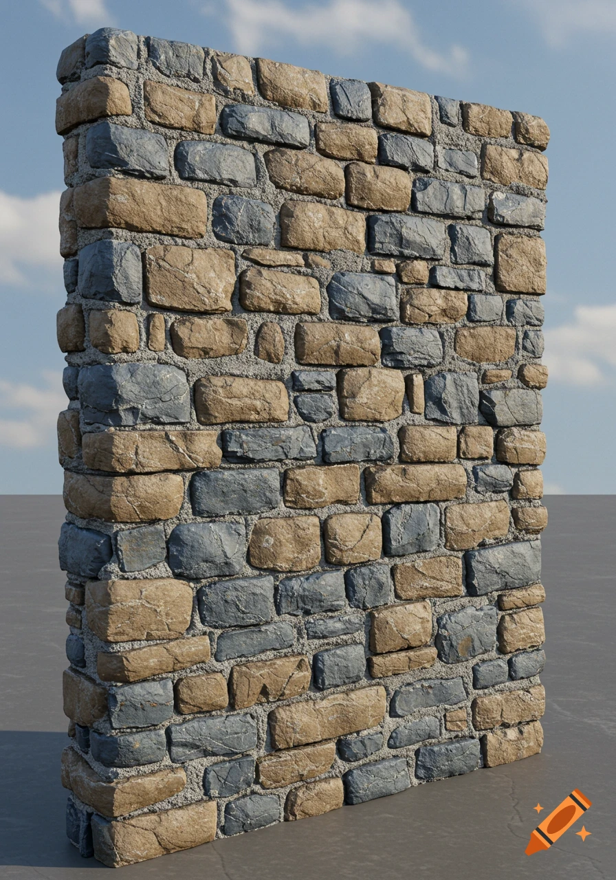 A photorealistic 3D render of a wall made of irregular brown and gray stones with concrete mortar.