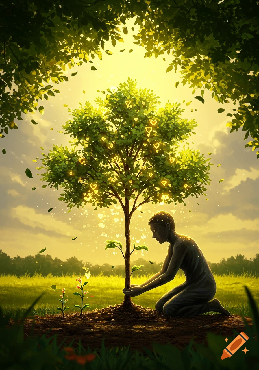 A stylized person kneels, planting a glowing tree adorned with golden hearts and emanating light in a vibrant, sunlit field.
