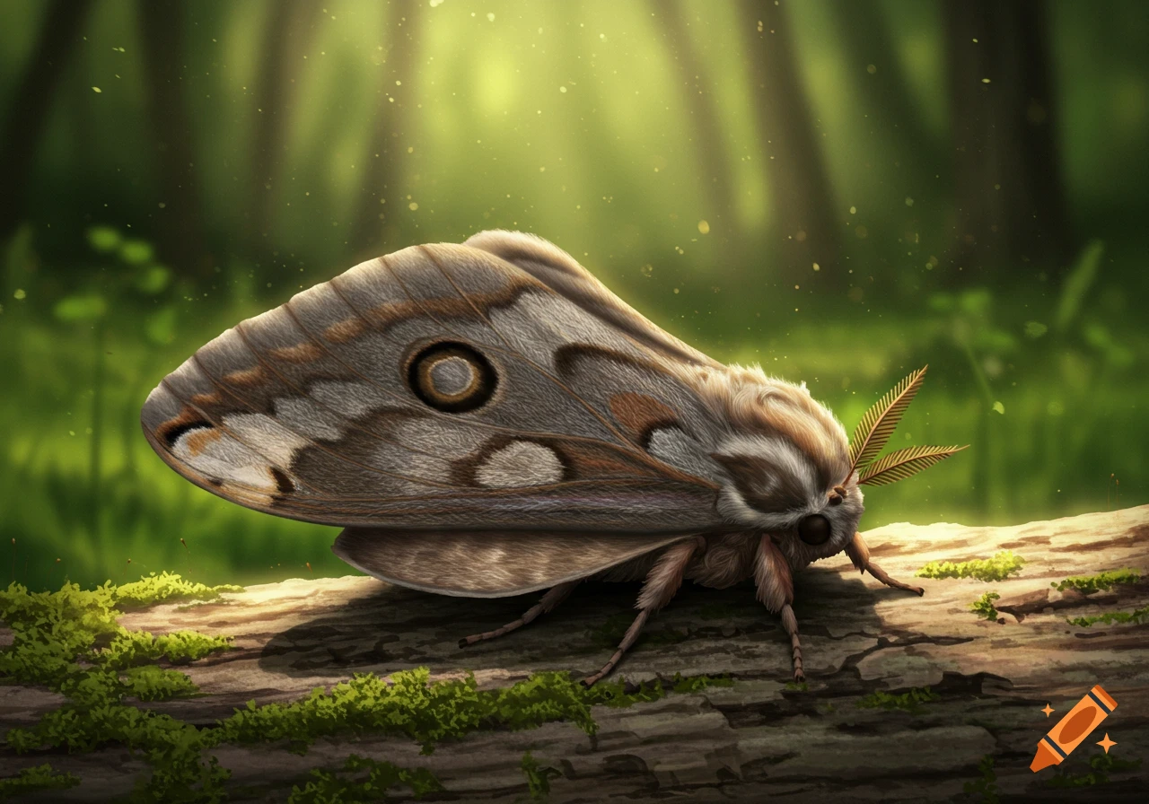 A detailed illustration of a large, fluffy moth with intricate brown and white wing patterns resting on a moss-covered log in a sunlit forest.