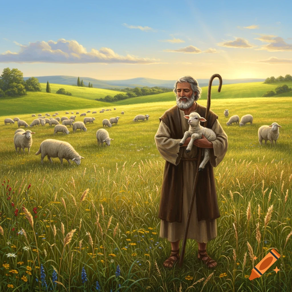 A bearded shepherd in robes holds a lamb in a sunny, green field with sheep and hills in a painted style.