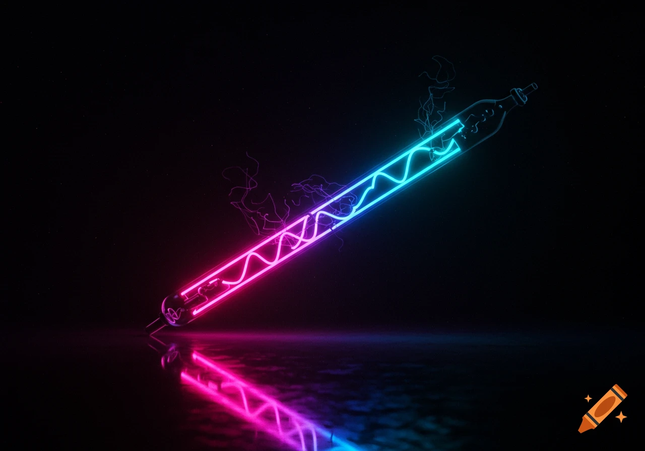 A neon gas tube glowing with vibrant pink and blue light, reflecting on a dark, wet surface.