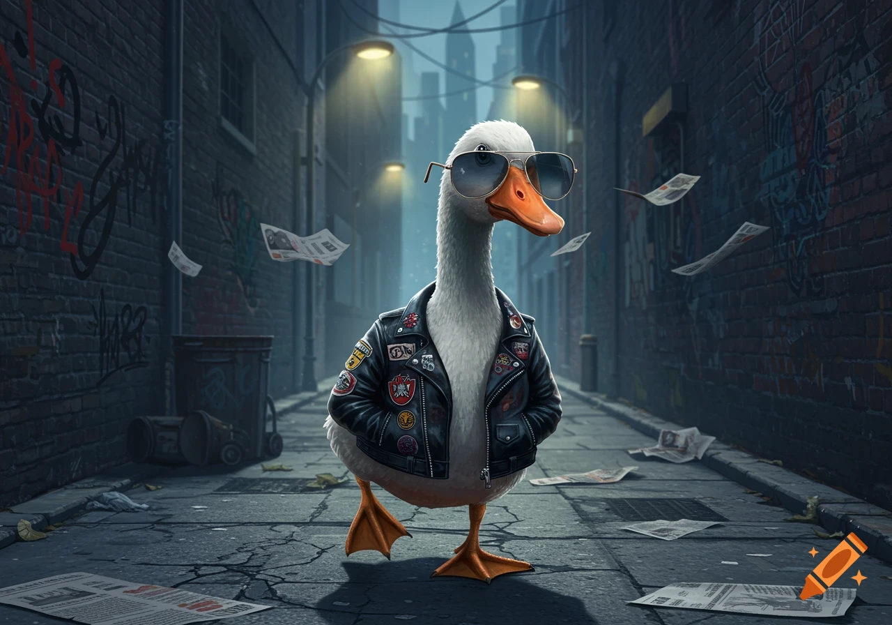 An anthropomorphic goose in a leather jacket and aviator sunglasses stands in a dark, graffiti-covered urban alley with newspapers on the ground.