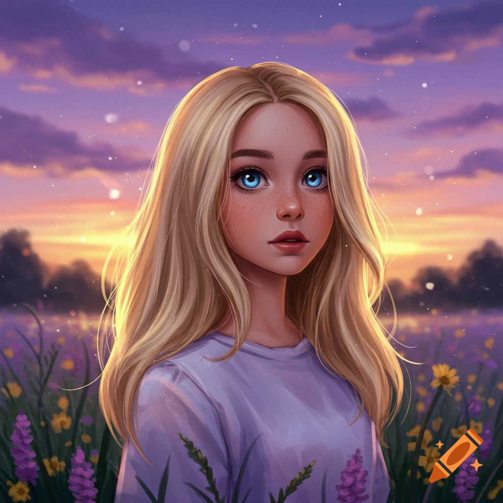 A stylized digital art portrait of a blonde, blue-eyed girl with freckles standing in a purple flower field at sunset.