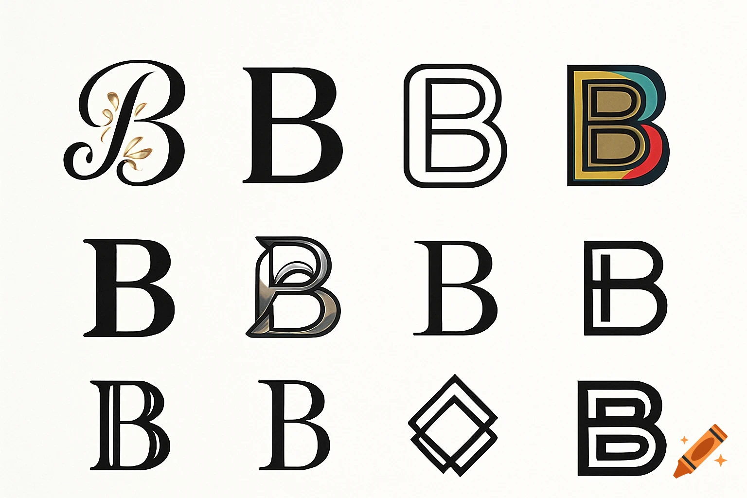 A grid of various black letter B monogram logos and one abstract diamond symbol on a white background.