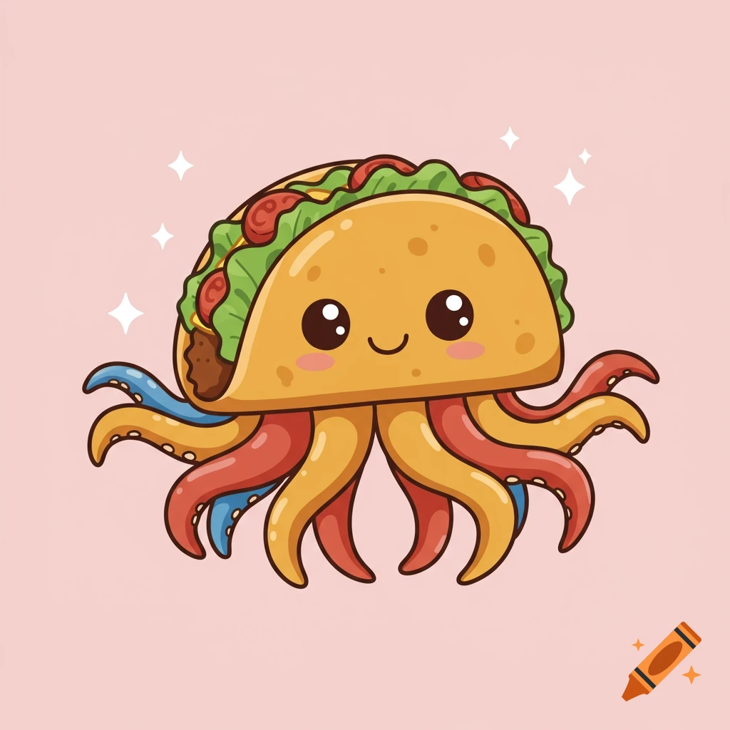 A kawaii illustration of a smiling taco with big eyes and colorful octopus tentacles on a pink background.