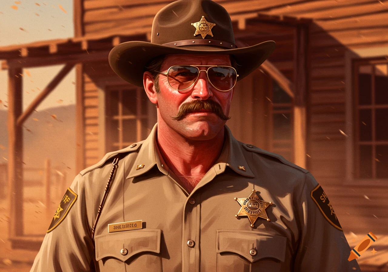 Close-up of a sheriff with a prominent mustache and sunglasses, wearing a brown cowboy hat and uniform, standing in a dusty Western town.