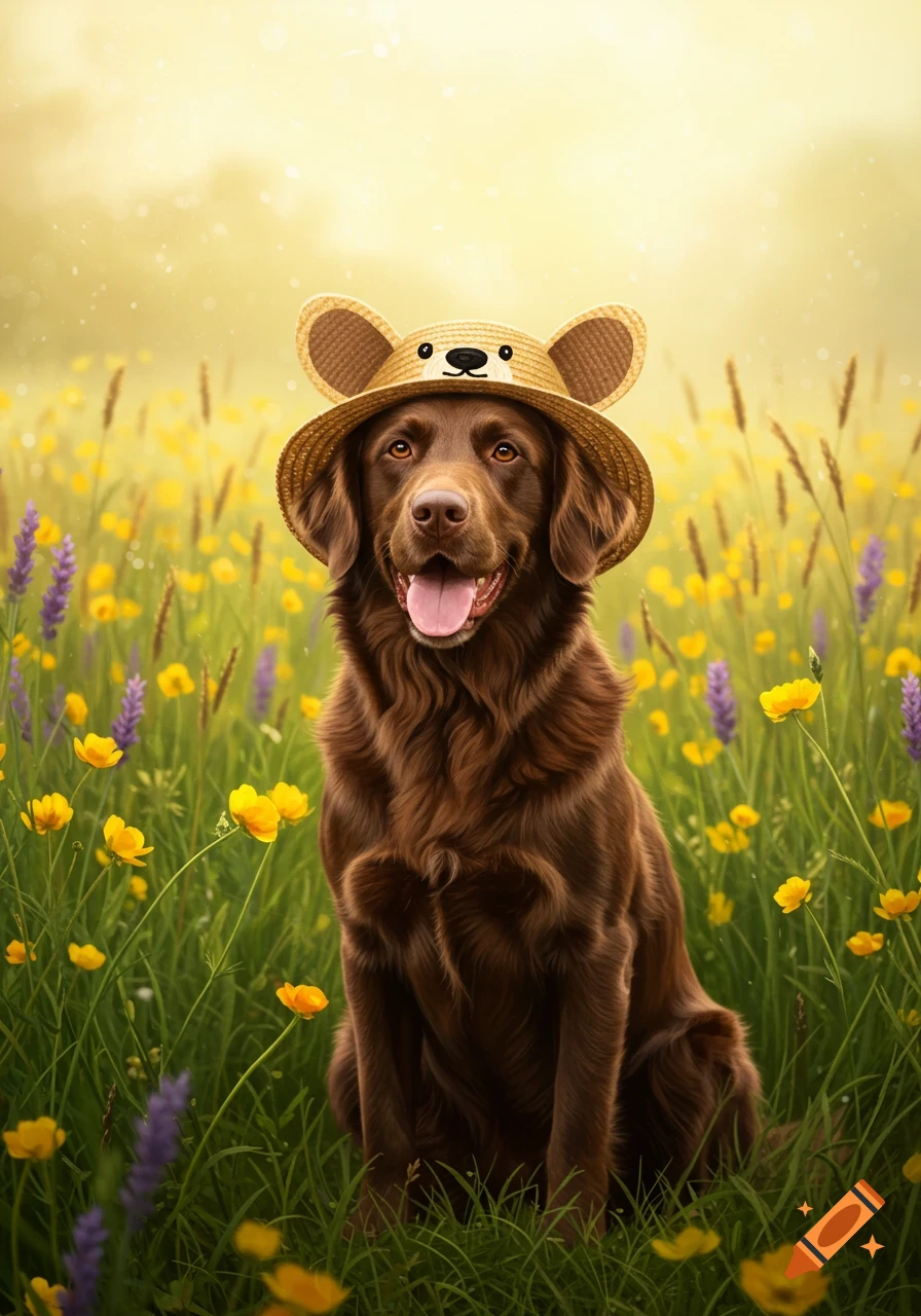 A smiling brown dog wearing a straw hat with bear ears sits in a field of yellow and purple wildflowers under a bright sky.