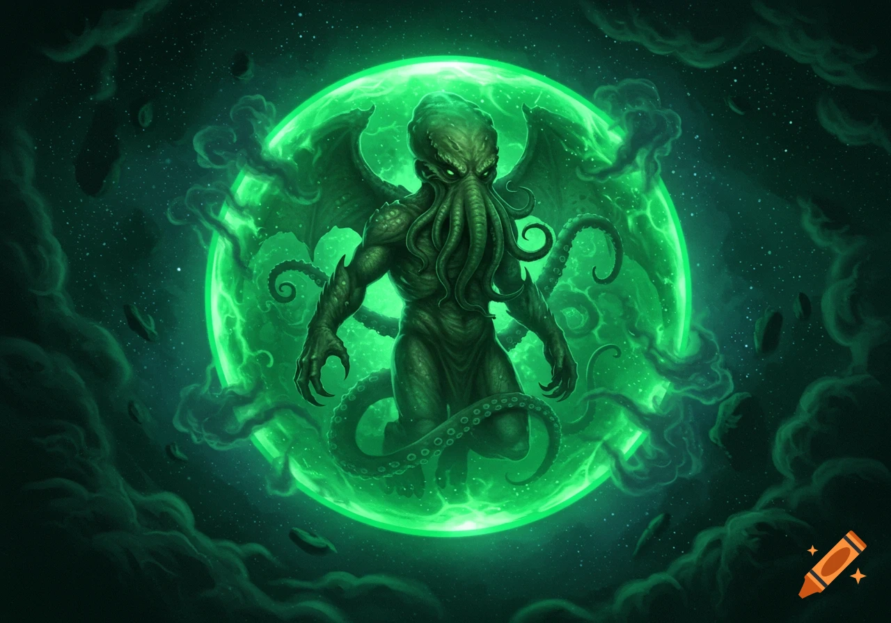 Cthulhu, a winged, tentacled creature, glowing intensely within a vibrant green orb against a dark, starry cosmic background.
