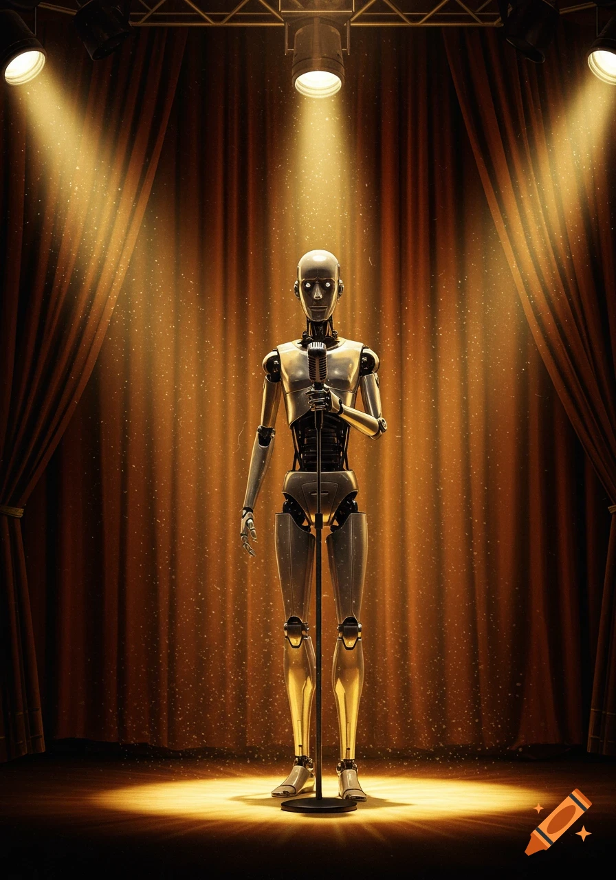A metallic robot stands center stage under spotlights, holding a vintage microphone, with reddish-brown curtains in the background.