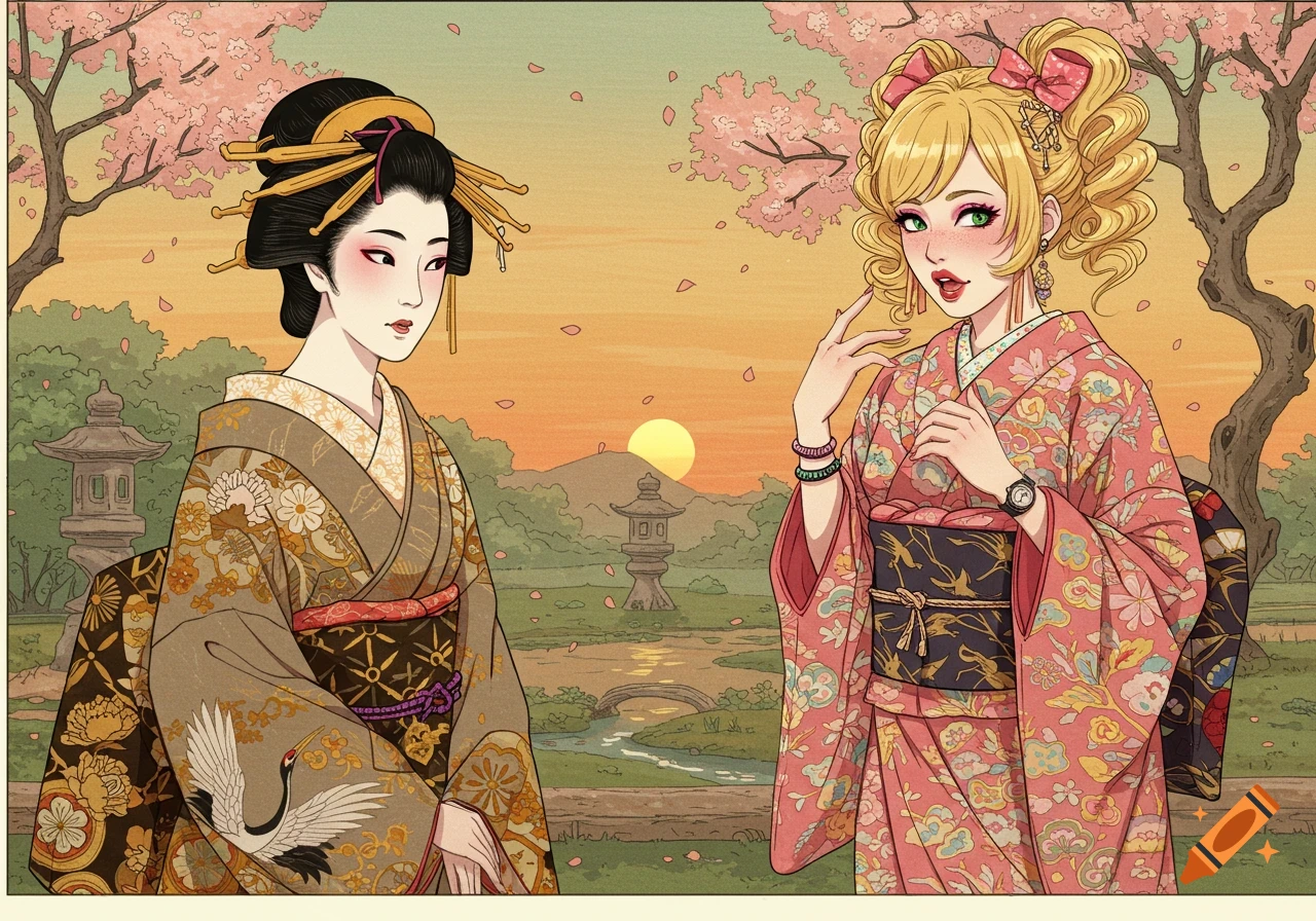 Two women, one traditional Japanese and one modern gyaru, in kimonos beneath cherry blossoms at sunset, in an Ukiyo-e style.