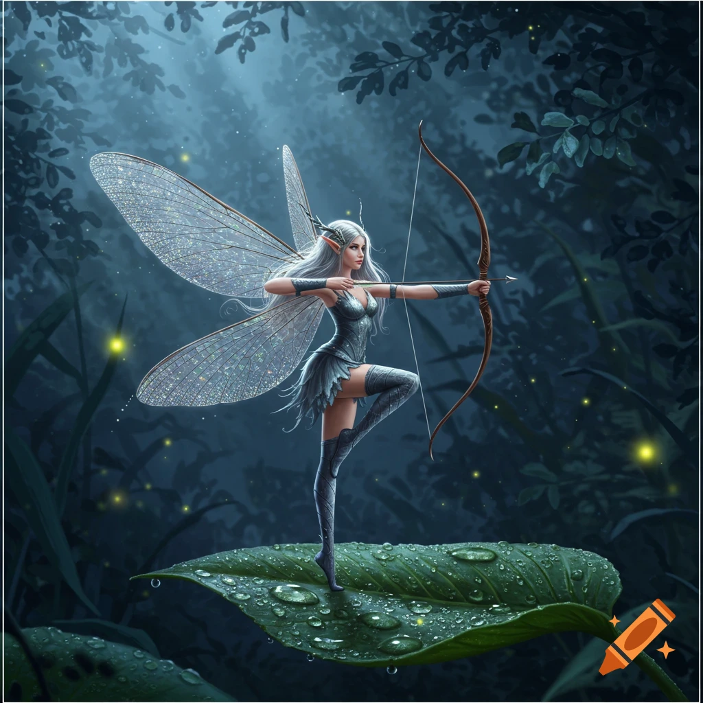 A silver-haired fairy archer with glittering insect wings aims a bow and arrow, standing on a dewy leaf in a dark forest at night.