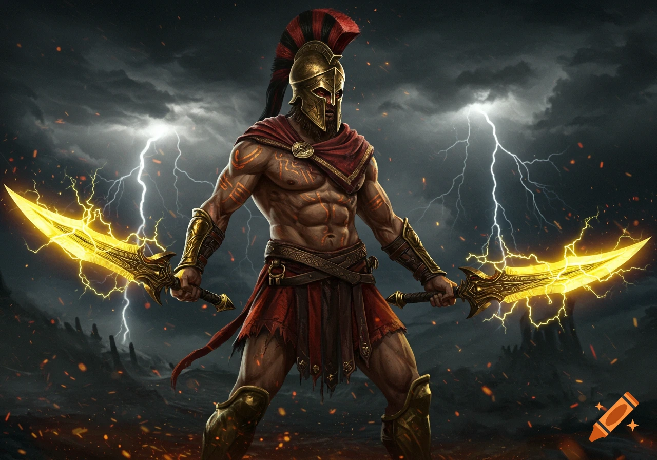 Muscular Spartan warrior in gold armor and red skirt holds two glowing lightning swords under a stormy sky with lightning.
