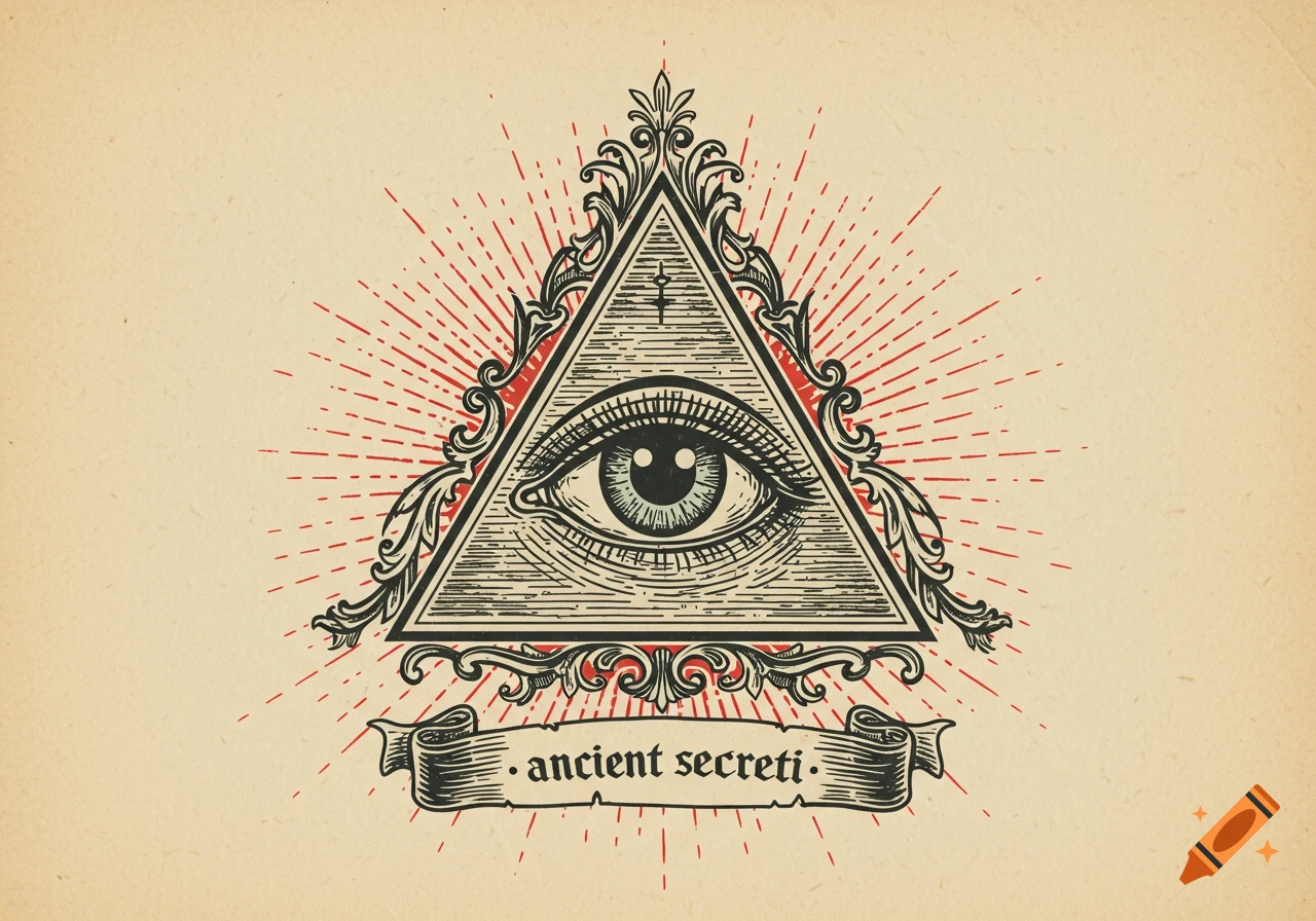A vintage-style illustration of the Eye of Providence in a triangular frame with ornate scrollwork and red sunburst rays, above a banner reading 'ancient secreti' on an aged paper background.