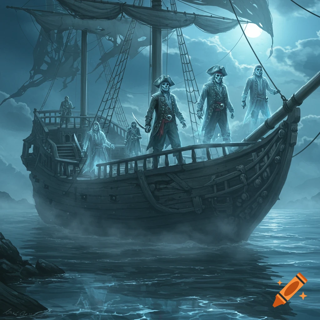 Eerie digital illustration of ghost pirates on a tattered ship, sailing misty waters under a full moon.
