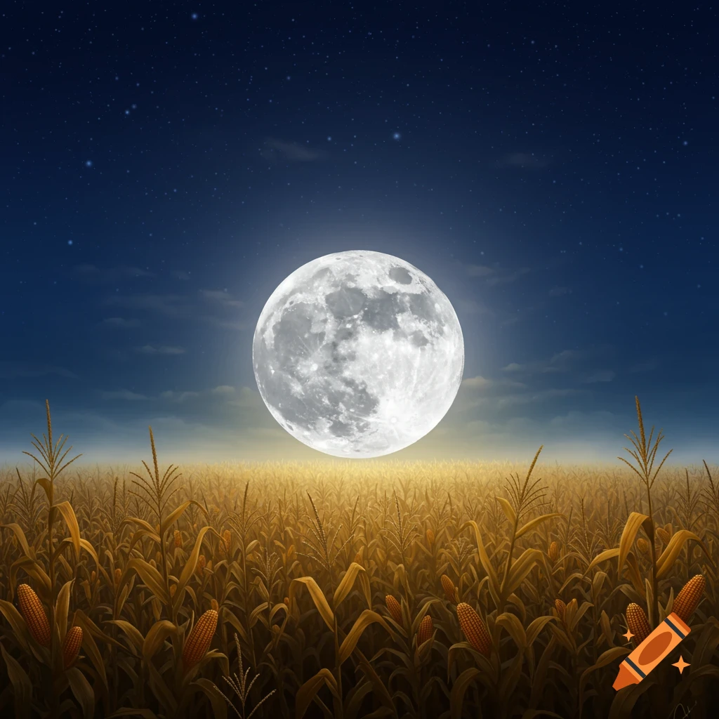 A luminous full moon hangs over a golden cornfield at night under a starry sky.