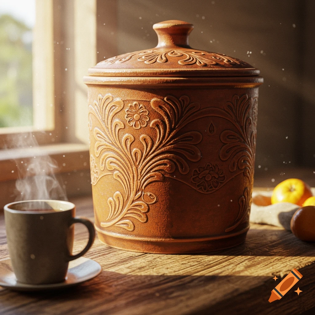 Ornate terracotta jar and steaming cup on a sunlit wooden windowsill with fruit.