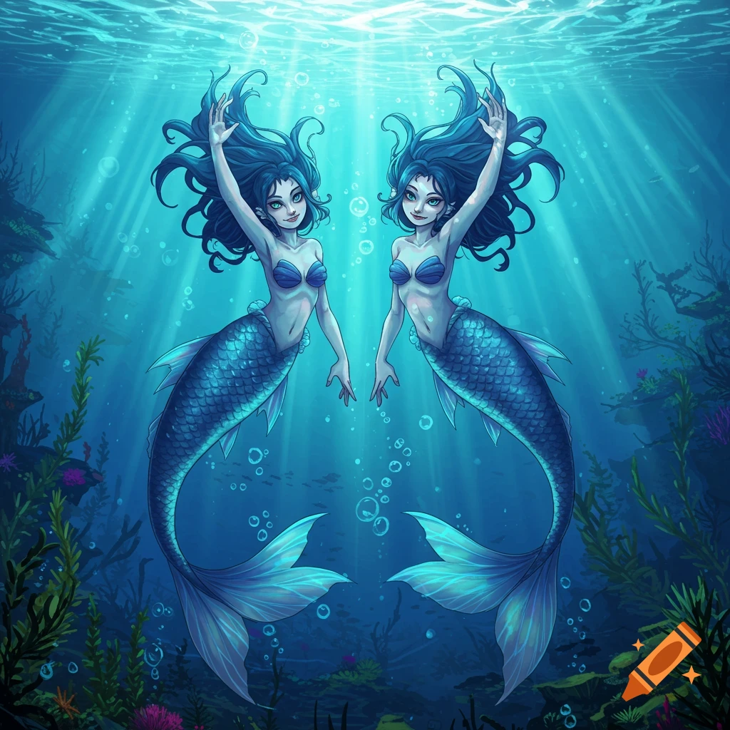 Two anime mermaids with blue hair and tails swim underwater amidst light rays and coral.
