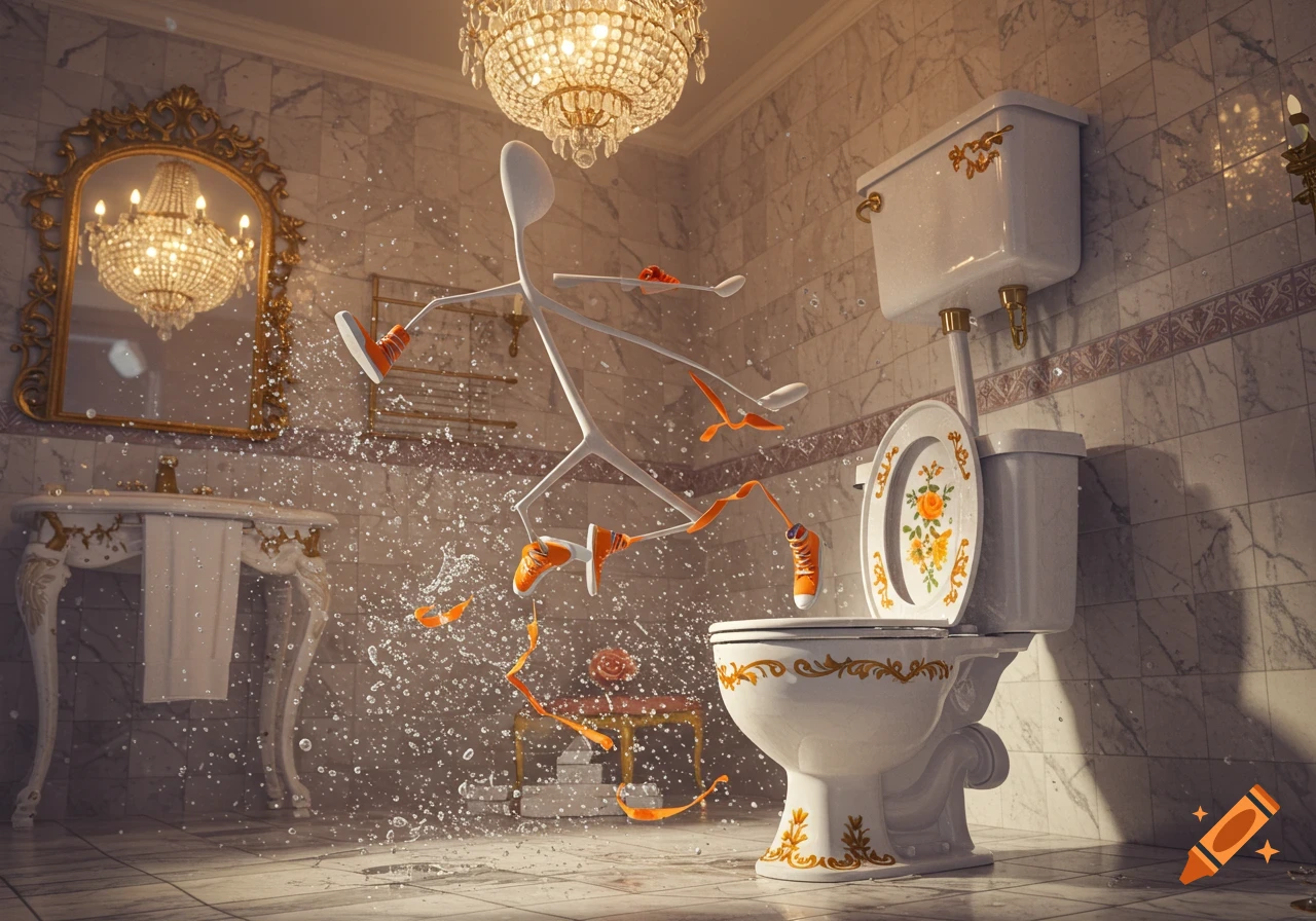 A whimsical stick figure with orange sneakers splashes out of a toilet in an ornate, marble bathroom with a grand chandelier.