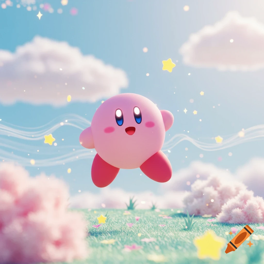 Pink Kirby floats happily above a whimsical, grassy landscape with fluffy clouds, sparkling stars, and pink flora under a blue sky.