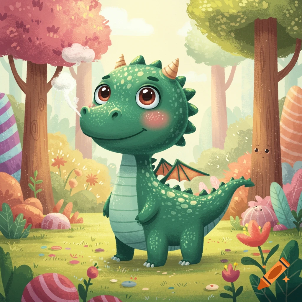 A cute green cartoon dragon with big eyes and rosy cheeks stands in a vibrant, whimsical forest illustration.
