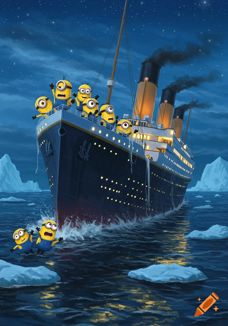 Scared Minions on and around the Titanic ship at night, surrounded by icebergs, in a cartoon illustration.