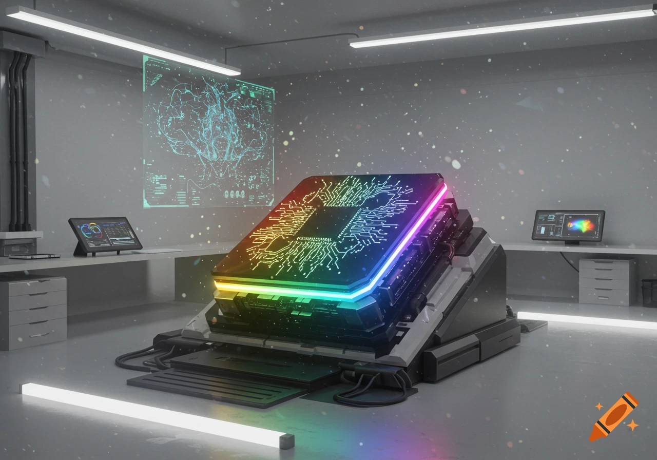 A futuristic laboratory scene featuring a large, glowing central AI processor with rainbow lights and circuit patterns, surrounded by holographic data displays.