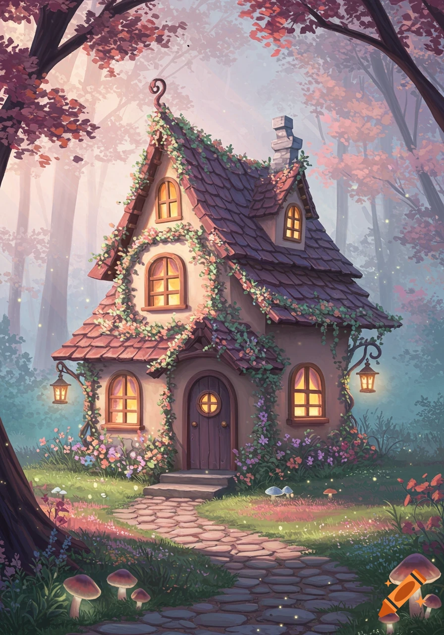 A whimsical pastel fairy cottage covered in flowers and vines, nestled in a magical forest with glowing mushrooms and soft light.