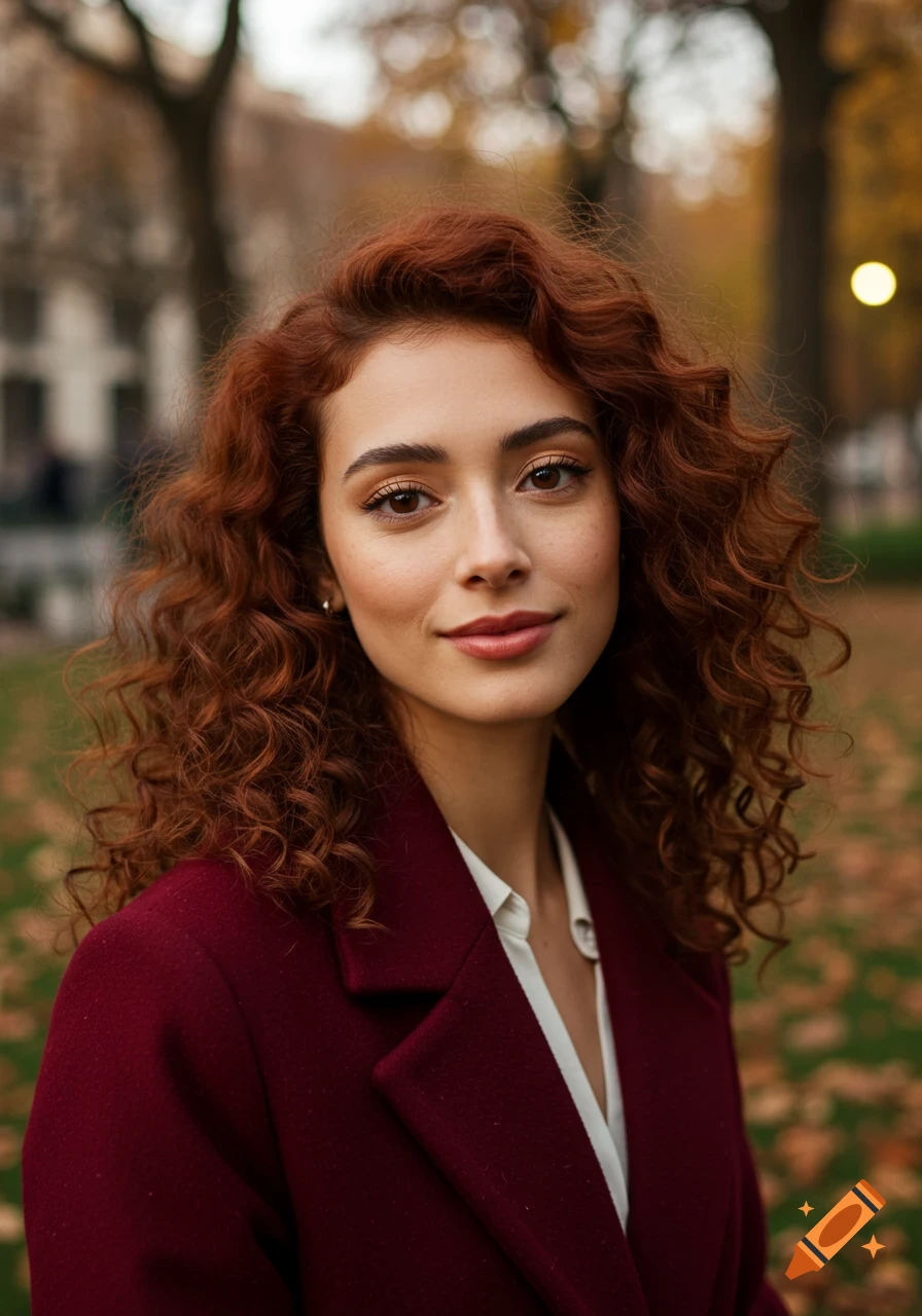 Photorealistic portrait of a woman with curly red hair and a burgundy coat, smiling outdoors in an autumn setting.