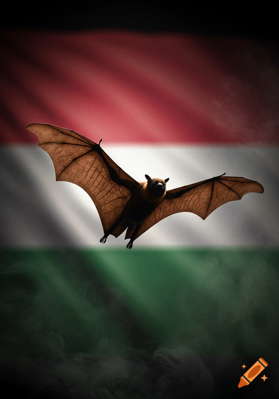 A large bat with outstretched wings flies in front of a waving Hungarian flag.