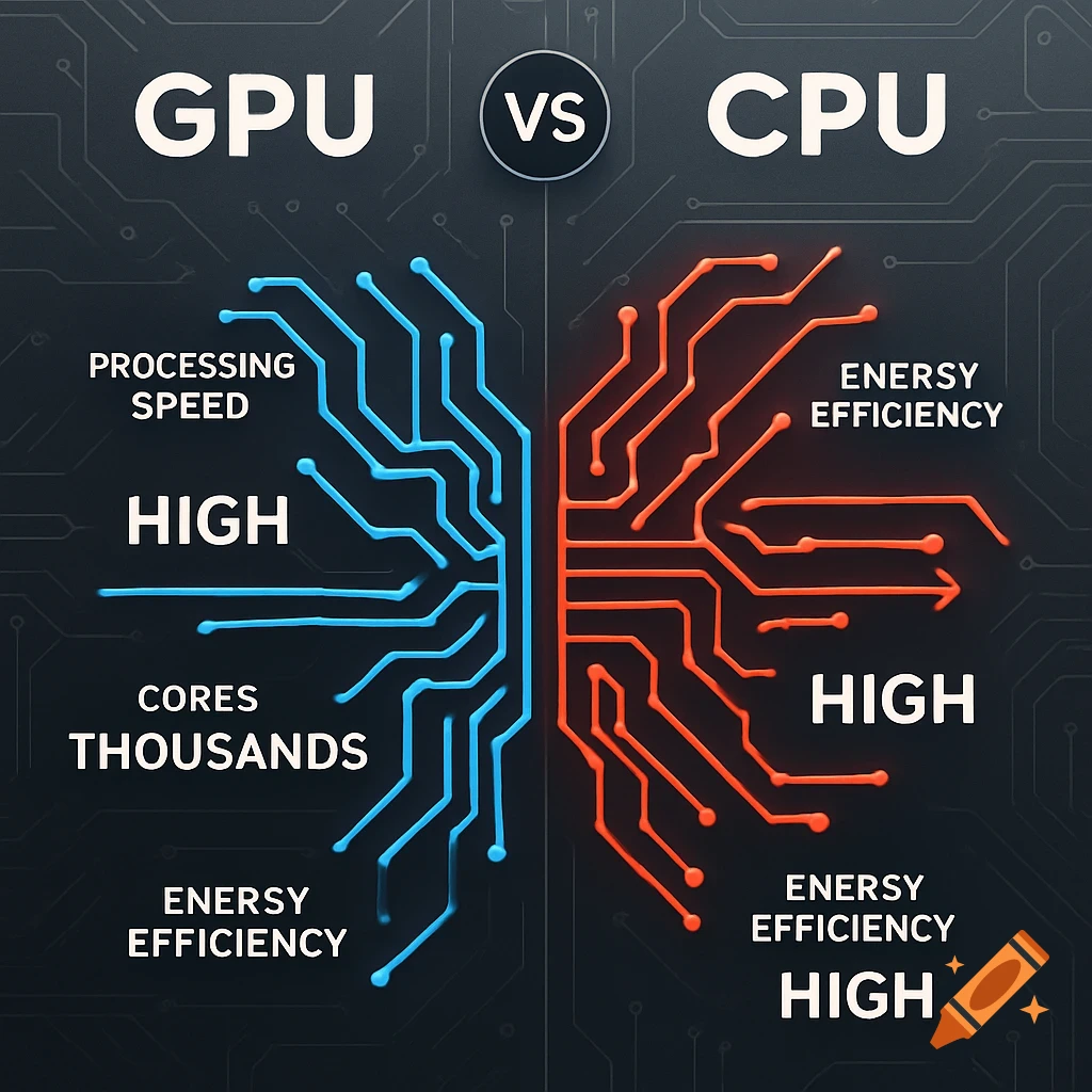 Infographic comparing GPU and CPU characteristics with circuit board designs in blue and orange.